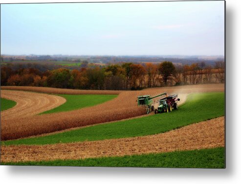 Wisconsin Farm Farming Corn John Deere Combine Tractor Contour Agriculture Harvest Landscape Scenic Metal Print featuring the photograph WisContours - Corn harvest on the driftless prairie of SW Wisconsin by Peter Herman