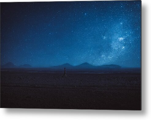 People Metal Print featuring the photograph Woman walks under the million stars and Milky Way in Atacama desert by Anastasiia Shavshyna