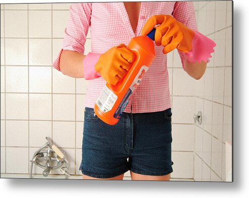 People Metal Print featuring the photograph Woman with cleaning liquid by Image Source