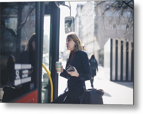 Season Metal Print featuring the photograph Woman with disposable cup and smart phone standing by bus in city on sunny day by Maskot