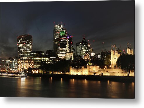 London Metal Print featuring the photograph Night London - street of skyscrapers by Vaclav Sonnek