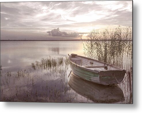 Boats Metal Print featuring the photograph Wooden Rowboat at Soft Sunset by Debra and Dave Vanderlaan