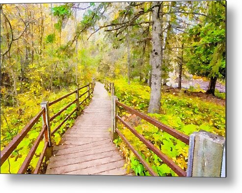 Travel Destination Metal Print featuring the mixed media Wooden Trail at Gooseberry Falls Watercolor by Susan Rydberg