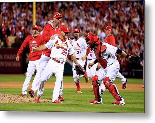 St. Louis Cardinals Metal Print featuring the photograph Yadier Molina and Trevor Rosenthal by Jamie Squire