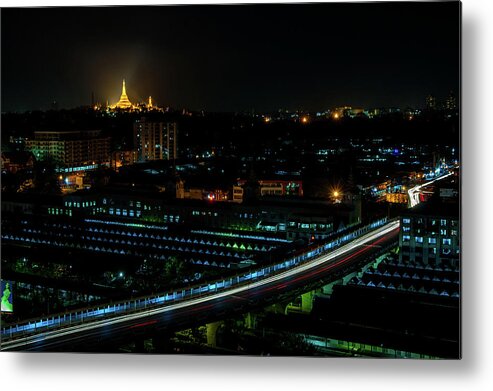 Shwedagon Metal Print featuring the photograph Yangon Cityscape at Night by Arj Munoz