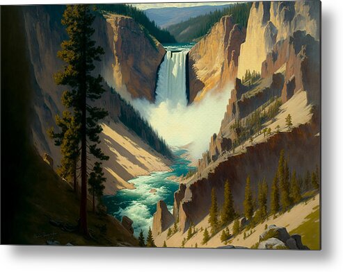 Landscape Metal Print featuring the painting Yellowstone Falls seen from Artist Point by Kai Saarto