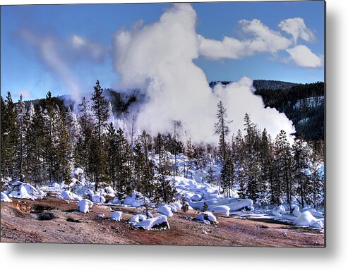 Fine Art Metal Print featuring the photograph Yellowstone Winter Geyser Basin Photograph by Greg Sigrist