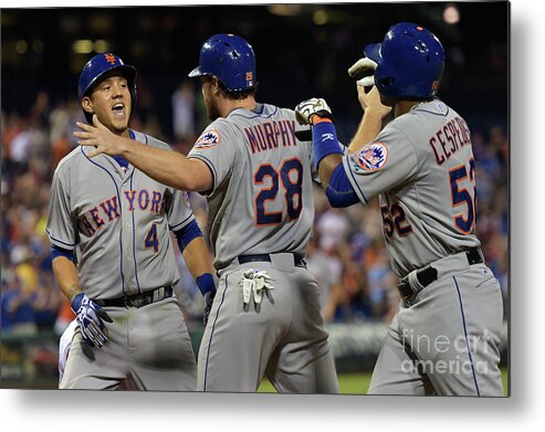 Yoenis Cespedes Metal Print featuring the photograph Yoenis Cespedes, Daniel Murphy, and Wilmer Flores by Drew Hallowell