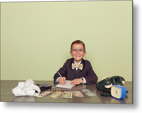 Working Metal Print featuring the photograph Young Boy Accountant Records Taxes to be Paid by Andrew Rich