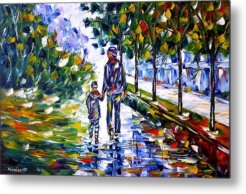 Autumn Walk Metal Print featuring the painting Young Father With Son by Mirek Kuzniar