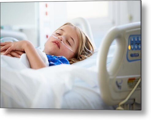 Domestic Room Metal Print featuring the photograph Young Girl Sleeping In Intensive Care Unit by Monkeybusinessimages