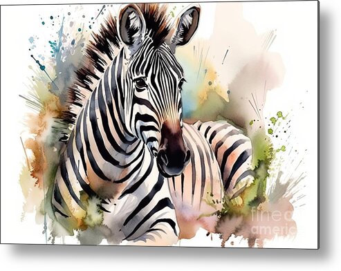Animal Metal Print featuring the painting Zebra. Wild Animals Watercolor Illustration by N Akkash