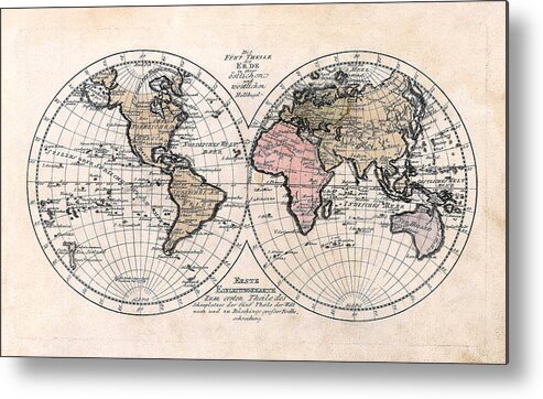 1791 Metal Print featuring the photograph 1791 Antique World Map Die Funf Theile der Erde by Karon Melillo DeVega