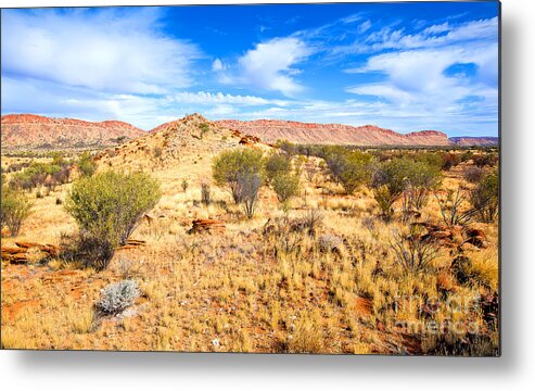 Central Australia Landscape Outback Water Hole West Mcdonnell Ranges Northern Territory Australian Landscapes Ghost Gum Trees Larapinta Drive Metal Print featuring the photograph West McDonnell Ranges Larapinta Drive by Bill Robinson