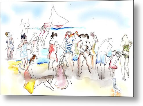 Beach Metal Print featuring the painting A Busy Day at the Beach by Carolyn Weltman