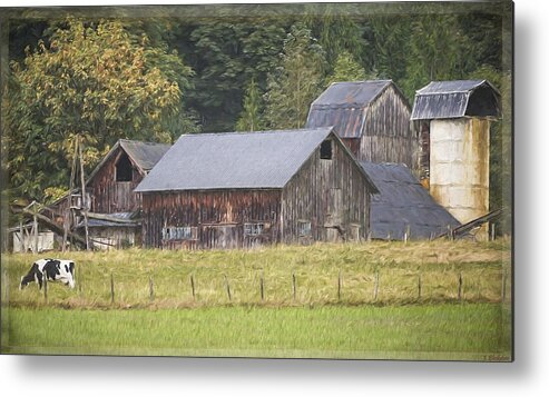Rustic Old Barns With Cow In Pasture Metal Print featuring the painting Rustic Old Barns with Cow in the Pasture - Country Art by Jordan Blackstone