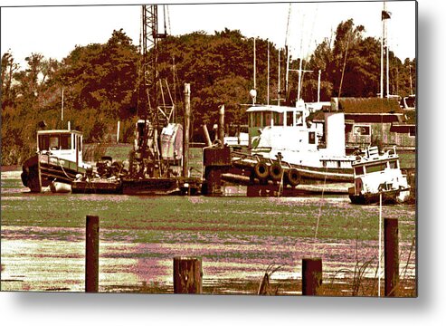 Sacramento River Delta Metal Print featuring the digital art Delta Tug Boats At Work by Joseph Coulombe