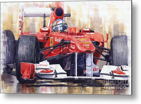 Watercolour Metal Print featuring the painting 2011 Ferrari 150 Italia Fernando Alonso F1  by Yuriy Shevchuk
