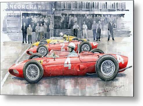 Watercolor Metal Print featuring the painting Ferrari 156 Sharknose 1961 Belgian GP by Yuriy Shevchuk