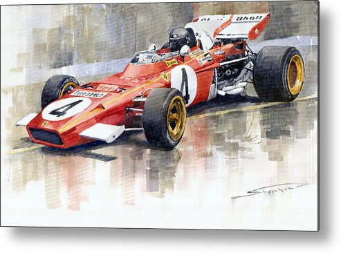 Watercolor Metal Print featuring the painting 1971 Ferrari 312 B2 1971 Monaco GP F1 Jacky Ickx by Yuriy Shevchuk