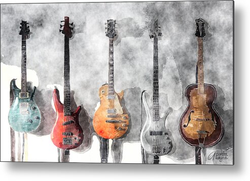Guitar Metal Print featuring the mixed media Guitars On The Wall by Arline Wagner