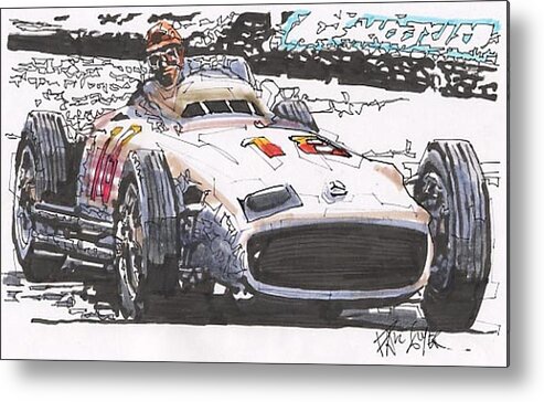 Automobile Racing Metal Print featuring the drawing Juan Fangio Mercedes Benz German Grand Prix by Paul Guyer