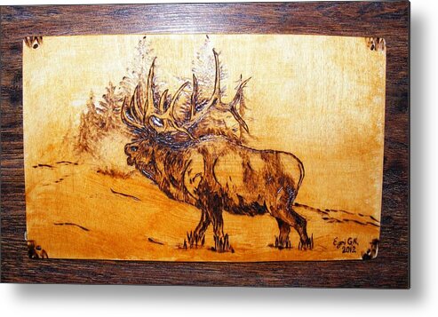 Wood Pyrography Metal Print featuring the pyrography Kingof forest-wood pyrography by Egri George-Christian