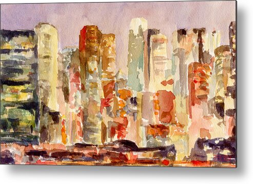 New York Metal Print featuring the painting Midtown Manhattan Skyline at Dusk Watercolor Painting of NYC by Beverly Brown