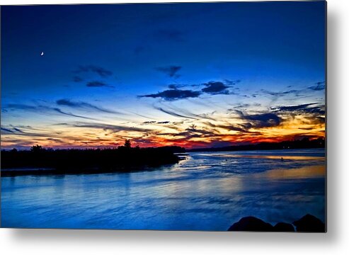 Sunset Metal Print featuring the photograph Moon over Quonochontaug Pond by Bill Jonscher