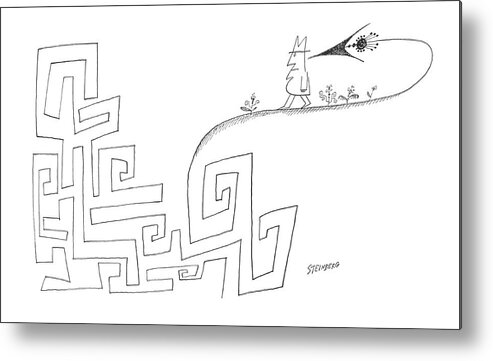 115533 Sst Saul Steinberg (a Man Has An Arrow Pointing Him In The Direction Of A Cliff Which Descends Into An Odd Looking Maze.) Arrow Arrows Cliff Descends Design Designs Direct Directing Direction Drawing ?owers Hike Hiking Hill Hillside Into Looking Man Maze Mazes Men Nature Odd Plant Plants Point Pointing Sketch Sstoon Walk Walking Which Metal Print featuring the drawing New Yorker March 16th, 1963 by Saul Steinberg