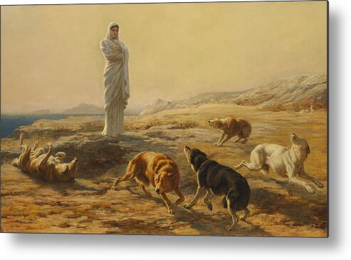 Briton Riviere Metal Print featuring the painting Pallas Athena and the Herdsmans Dogs by Briton Riviere