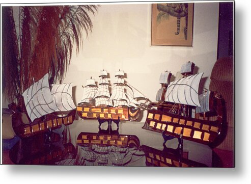 Wood Ships Metal Print featuring the mixed media Antique Ships by Val Oconnor