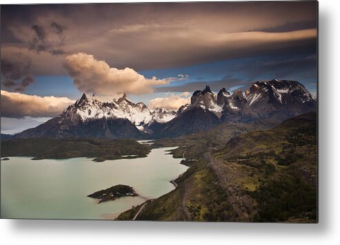 00451385 Metal Print featuring the photograph Cuernos Del Paine And Lago Pehoe by Colin Monteath