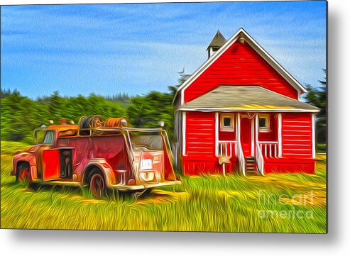 Klamath Metal Print featuring the painting Klamath Old Fire Truck and red School House by Gregory Dyer