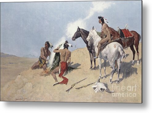 The Smoke Signal Metal Print featuring the painting The Smoke Signal by Frederic Remington