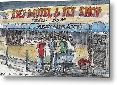 Illustration Metal Print featuring the painting Abes Motel and Fly Shop by Tim Oliver