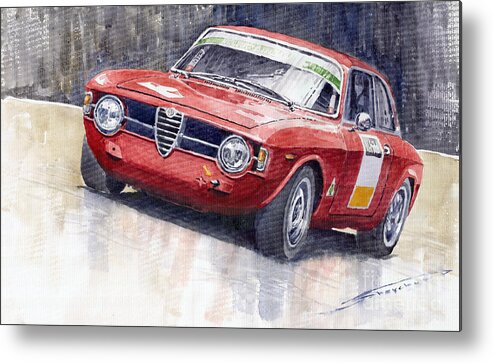 Watercolor Metal Print featuring the painting Alfa Romeo Giulie Sprint GT 1966 by Yuriy Shevchuk