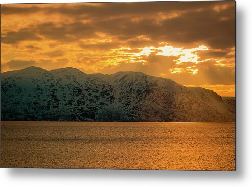 Landscape Metal Print featuring the photograph Altafjord Snowy Peaks at Sunset by Adam Rainoff