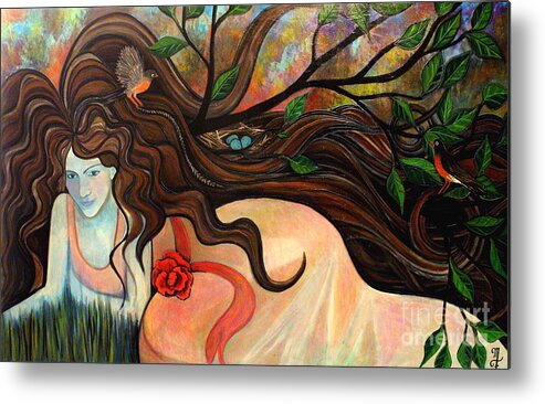 Woman Metal Print featuring the painting Basking with birds by Monica Furlow