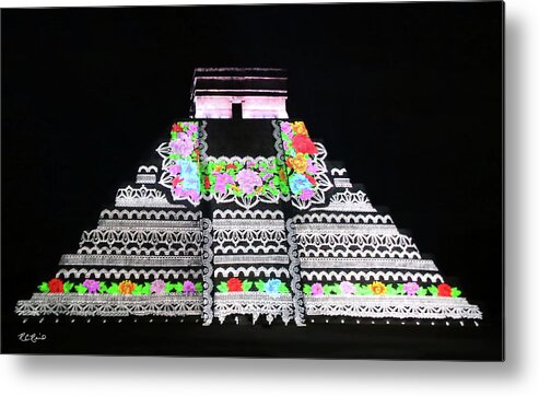 Cancun Metal Print featuring the photograph Cancun Mexico - Chichen Itza - Temple of Kukulcan-El Castillo Pyramid Night Lights 8 by Ronald Reid