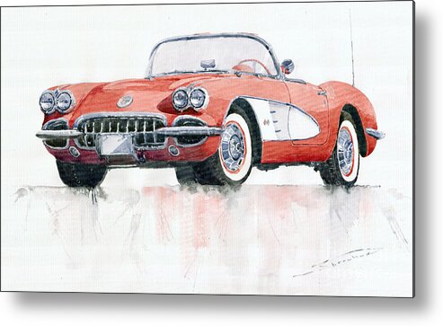 Watercolor Metal Print featuring the painting Chevrolet Corvette C1 1960 by Yuriy Shevchuk