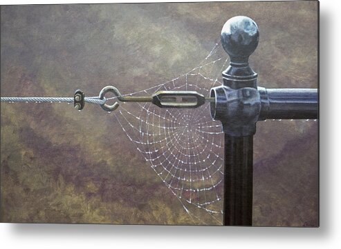 Spider Web Dew Metal Print featuring the painting Comparative Engineering by Laurie Stewart