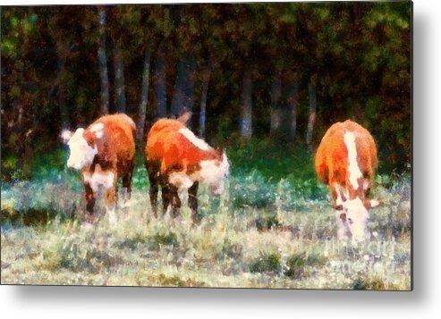 Cow Metal Print featuring the painting Cows in the Meadow - Swish swish swish by Janine Riley