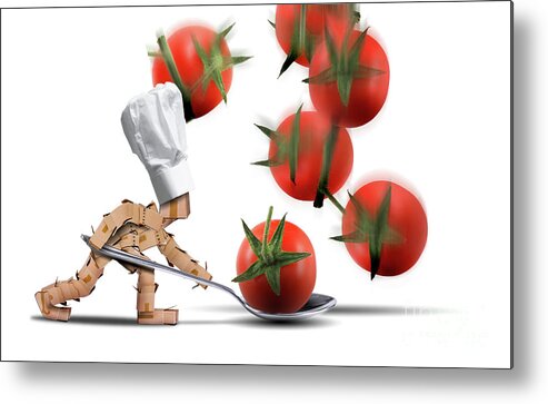 Kitchen Metal Print featuring the digital art Cute chef box character catching tomatoes by Simon Bratt