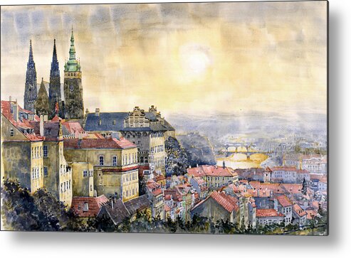 Watercolor Metal Print featuring the painting Dawn of Prague by Yuriy Shevchuk