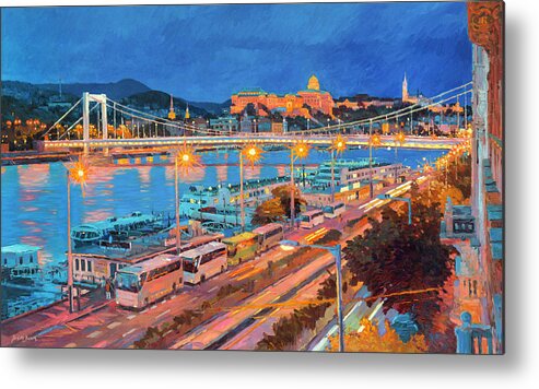 Buda Castle Metal Print featuring the painting Elisabeth Bridge With Lights by Judith Barath