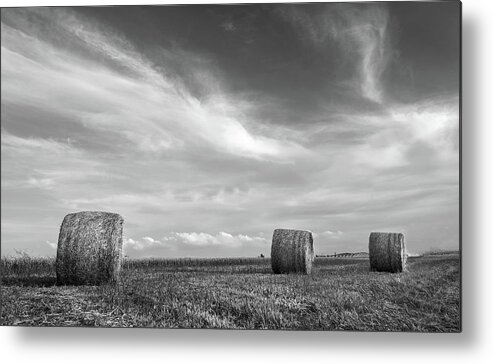 Agriculture Metal Print featuring the photograph Field of Round bales of hay after harvesting by Michalakis Ppalis