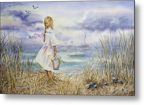 Girl Metal Print featuring the painting Girl And Ocean Watercolor by Irina Sztukowski