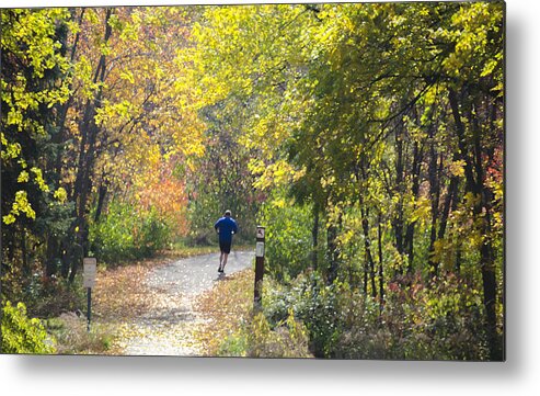 Digital Metal Print featuring the photograph Jogger on Nature Trail in Autumn by Lynn Hansen