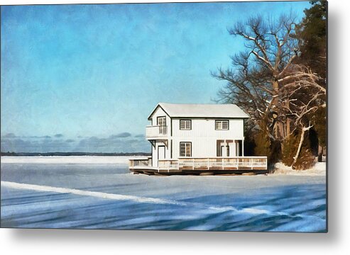 Boathouse Metal Print featuring the digital art Leacock Boathouse in Winter by JGracey Stinson